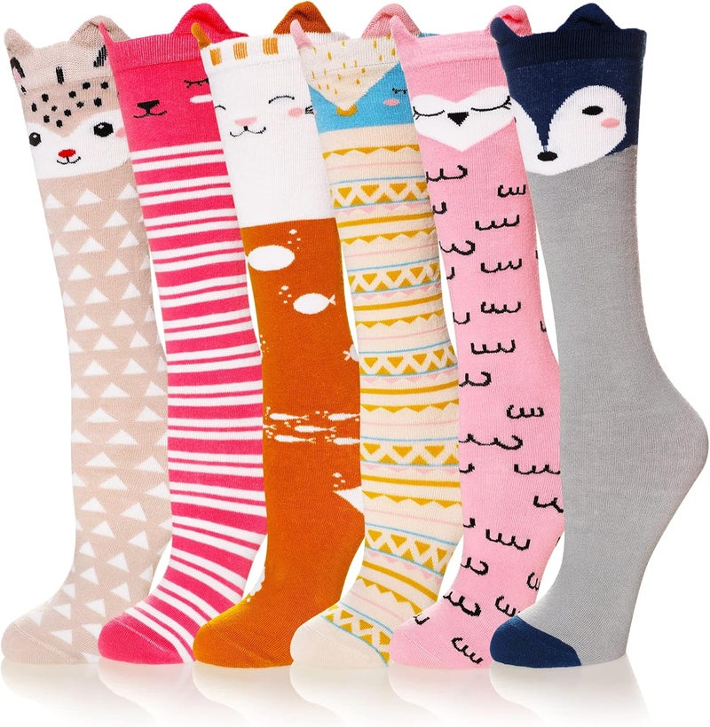 Eocom Girls Knee High Socks Kids Crazy Fun Gift Silly Tall Boot Cute Animal Cotton Long Socks 6 Pairs - Image 1